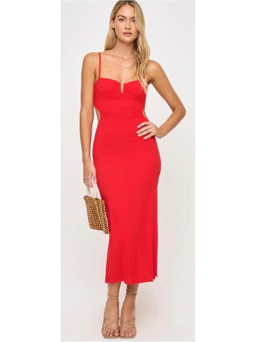 l*space Red V-Notch Spaghetti Strap Midi Dress